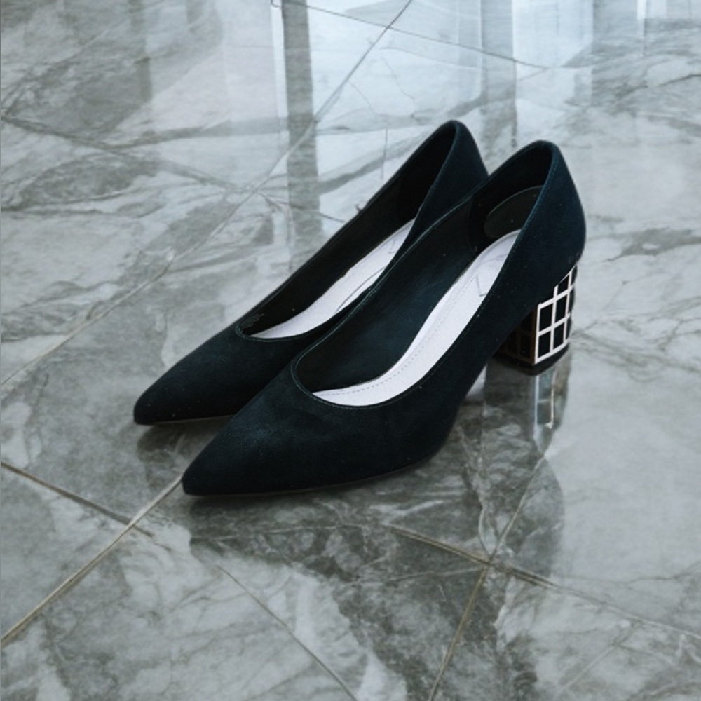 Brian Atwood Black Suede Heels with Gold Accents